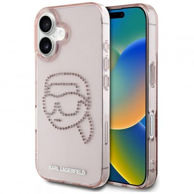 KARL LAGERFELD Coque pour iPhone 16 - IML Strass (KLHCP16SHKHDCELP) - T&ecirc;te Karl Rose