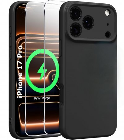 LITTLE BOUTIK Coque Pour iPhone 17 Pro Silicone Noir + 2 Verres Trempes