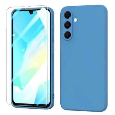 HTDMOBILES Coque pour Samsung Galaxy A17 5G - housse etui silicone gel fine + verre trempe - BLEU FONCE -