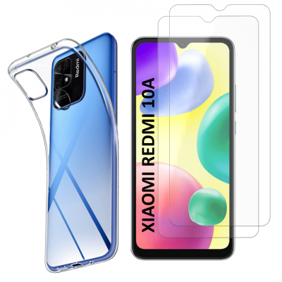 PHONILLICO Coque pour Xiaomi REDMI 10A et 2 Verres Tremp&eacute; Film Protection Ecran