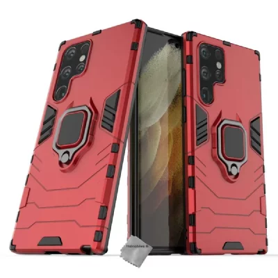 HTDMOBILES Coque rigide anti choc pour Samsung Galaxy S22 Ultra 5G + verre trempe - ROUGE