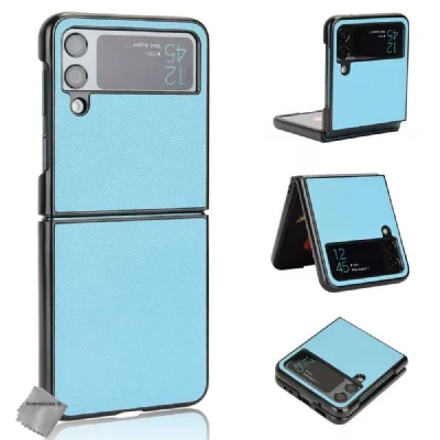 HTDMOBILES Coque rigide simili cuir avant et arri&egrave;re pour Samsung Galaxy Z Flip 4 5G - BLEU CLAIR