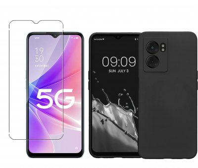 LITTLE BOUTIK Coque Silicone Couleur Noire + Verre Trempe Pour Oppo A77 5G / A57 5G