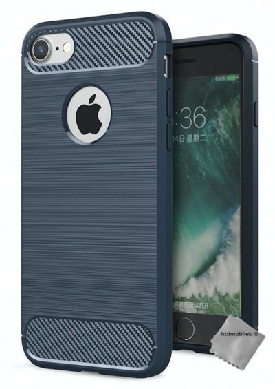 HTDMOBILES Coque silicone gel carbone pour Apple iPhone SE (2020) + verre trempe - BLEU FONCE