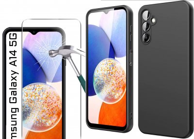 LITTLE BOUTIK Coque Silicone Noir + Verre Trempe Pour Samsung Galaxy A14 4G / 5G