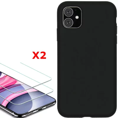 LITTLE BOUTIK Coque Silicone pour iPhone 11 Noir Antichoc + 2 Verres Trempes