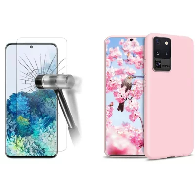 LITTLE BOUTIK Coque Silicone pour Samsung S20 Etui de Protection Rose Antichoc + Verre Trempe
