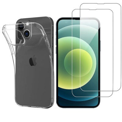 PHONILLICO Coque Silicone Transparent Souple pour iPhone 13 MINI (5,4) et 2 Verres Tremp&eacute;
