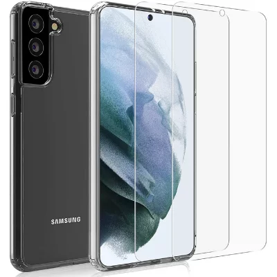 LITTLE BOUTIK Coque Silicone Transparente + 2 Verres Trempes Pour Samsung Galaxy S21 Plus 5G