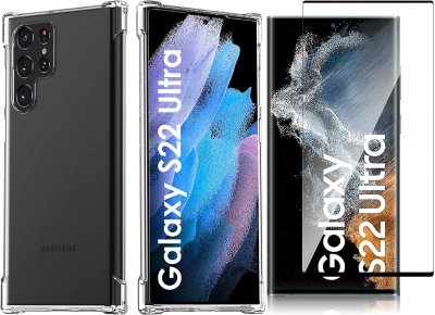 LITTLE BOUTIK Coque Silicone Transparente Angles Renforces + Verre Trempe Pour Samsung Galaxy S22 Ultra 5G