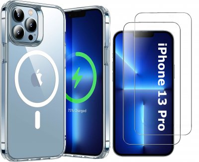 LITTLE BOUTIK Coque Silicone Transparente Compatible Magsafe + 2 Verres Trempes Pour iPhone 13 Pro