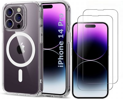 LITTLE BOUTIK Coque Silicone Transparente Compatible Magsafe + 2 Verres Trempes Pour iPhone 14 Pro