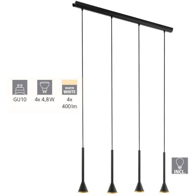 EGLO Cortaderas plafonnier suspendu &agrave; 4 lampes, barre droite, noir, or, gradation en 3 &eacute;tapes