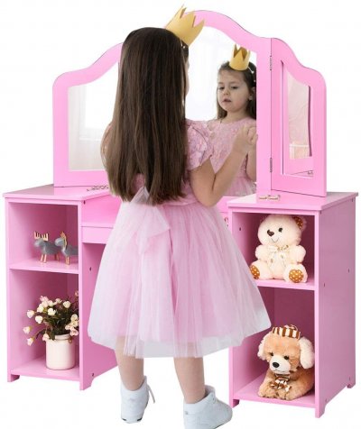 COSTWAY  Coiffeuse Pour Enfants 2 En 1 Avec Miroir Amovible, Bureau Enfant Avec 4 &Eacute;tag&egrave;res