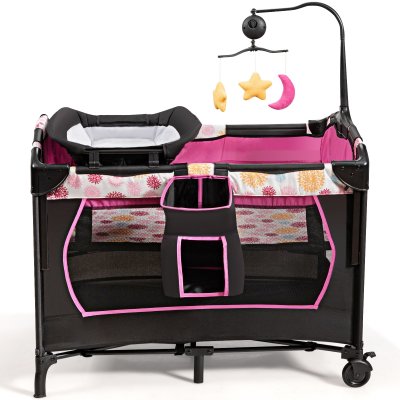 Costway3 en 1 Lit Parapluie pour B&eacute;b&eacute; avec Table &agrave; Langer pour B&eacute;b&eacute; 0-36 Mois Hauteur R&eacute;glable