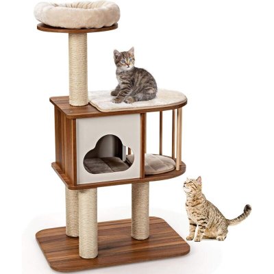 COSTWAY Arbre &agrave; Chat 117CM en Bois avec Plate-Forme Griffoirs et Coussins Lavables