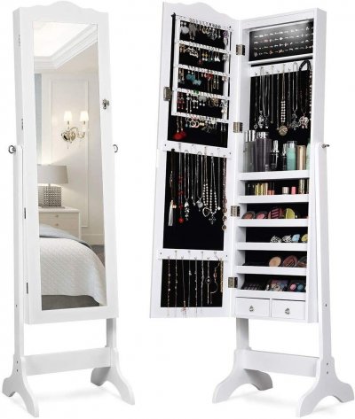 CostwayArmoire &agrave; Bijoux sur Pied avec 14 lampes LED Verrouillable R&eacute;glable &agrave; 4 Angles Blanc