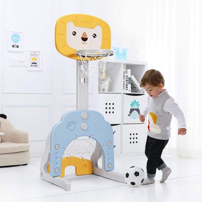 COSTWAY Support de Basket Multifonctionnel 3-en-1 Hauteur Ajustables de 110 &agrave; 149cm Jaune et Bleu