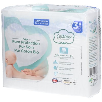 COTTONY  Couches B&eacute;b&eacute; 100% Coton T3 4-9kg 32 unit&eacute;s