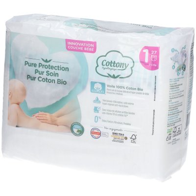 COTTONY  Couches Hypoallerg&eacute;niques en Coton Bio - Taille 1, 27 unit&eacute;s
