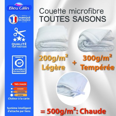 BLEU CALIN Couette toutes saisons microfibre 220 x 240 cm pour lit 2 places 140 x 190 cm &agrave; 160 x 200 cm