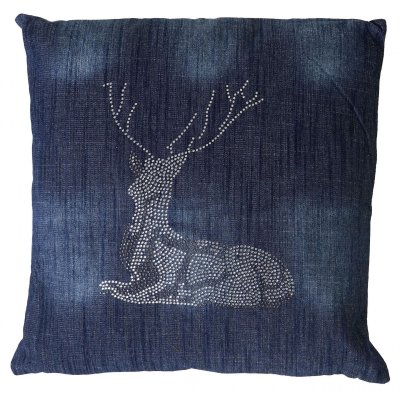 Coussin de d&eacute;coration cerf bleu avec pierres scintillantes 45x45cm