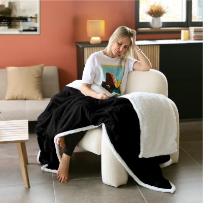 VIVEZEN Couverture, plaid polaire 220 x 240 cm en flanelle et sherpa ultra doux - Noir