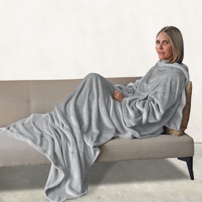 Couverture polaire plaid int&eacute;gral avec manches et poche - Adulte 210 x 160 cm - Gris