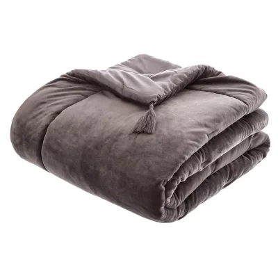 Couvre-lit, jet&eacute; de lit uni d&eacute;houssable en polyester finition pompons