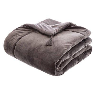 Couvre-lit, jet&eacute; de lit uni d&eacute;houssable en polyester finition pompons