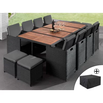 BESTMOBILIER Cuba - Salon de jardin encastrable 12 places - en r&eacute;sine tress&eacute;e - Noir avec coussins gris  - Noir