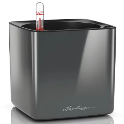 LECHUZA Cube Glossy 14 - 14x14x14 cm - Kit Complet, anthracite ultra brillant