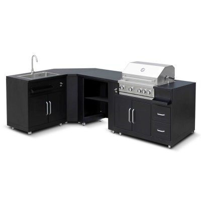 OVIALA Cuisine d'ext&eacute;rieur angle 4 &eacute;l&eacute;ments avec &eacute;vier et barbecue