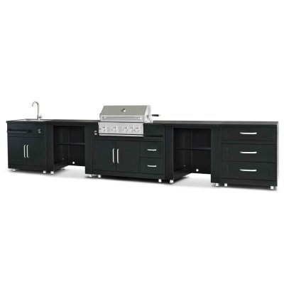 OVIALA Cuisine d'ext&eacute;rieur angle 4 &eacute;l&eacute;ments/&eacute;tag&egrave;res avec &eacute;vier et barbecue