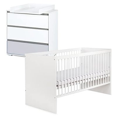 MON MOBILIER DESIGN Dalia ensemble commode &agrave; langer et lit enfant convertible 140x70 blanc