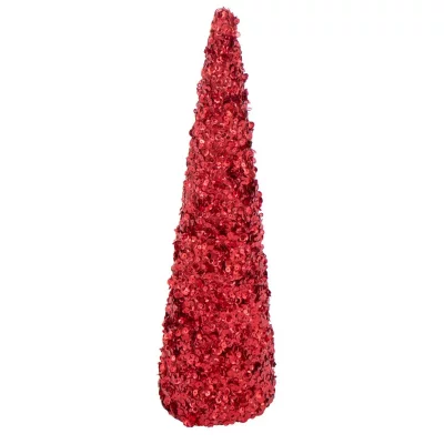 J-LINE D&eacute;co C&ocirc;ne de No&euml;l ""Sequins"" 46cm Rouge