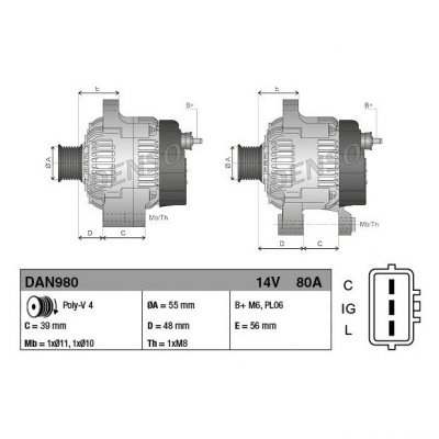 DENSO  DAN980 Alternateur Courant de charge de l'alternateur: 80A Volt: 14V