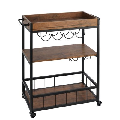 Desserte de cuisine &agrave; roulettes avec porte bouteille Rustico - 3 niveaux - Marron