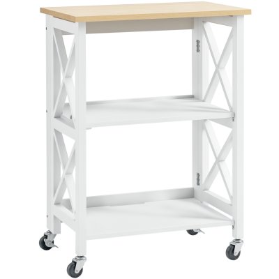 Desserte de cuisine &agrave; roulettes pliable h&eacute;v&eacute;a MDF blanc