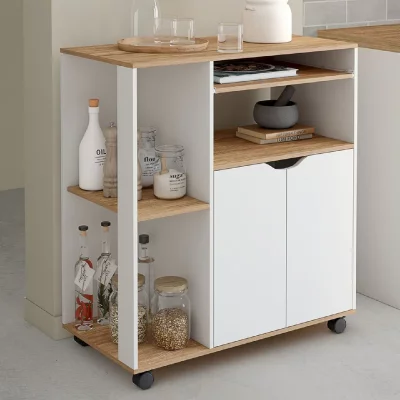 Desserte de cuisine cosi bois blanc et plateaux fa&ccedil;on h&ecirc;tre l.76 cm