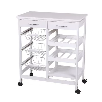 Desserte de cuisine multi-rangements en bois blanc et m&eacute;tal