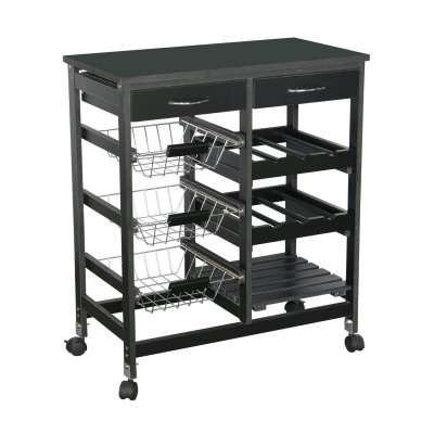 Desserte de cuisine multi-rangements en bois noir et m&eacute;tal