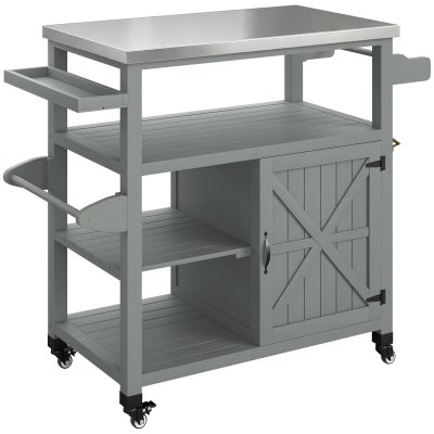 Desserte de jardin - desserte pour plancha - porte, 2 &eacute;tag&egrave;res, 3 niches - plateau acier inox gris