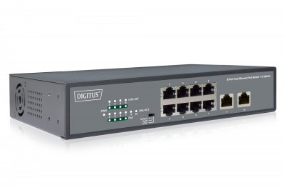 DIGITUS  8 Port Fast Ethernet PoE Switch, 19 Inch, Unmanaged, 2 Uplinks