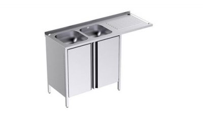 DISTFORM  Plonge 2 Bacs avec Portes et Passage pour Lave-Vaisselle &agrave; Droite - L 1350 x P 500 mm