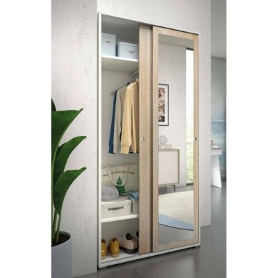 Dmora Armoire Tulipano, Armoire avec 2 portes coulissantes et miroir, Cm 90x45h195, Ch&ecirc;ne et Blanc