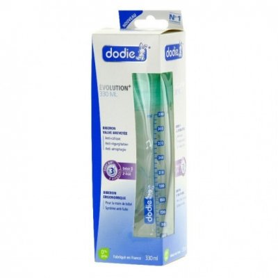 DODIE  -Biberon Initiation - 330ml Transparent Valentin Vert +6 mois t&eacute;tine ronde 3 vitesses d&eacute;bit 3