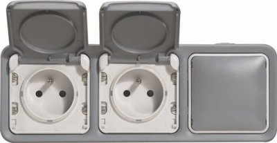Double prise de courant 2p+t 16a + obturateur complet saillie plexo - gris