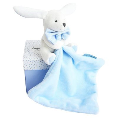 DOUDOU ET COMPAGNIE  Lapin Mouchoir - Doudou Bleu Bo&icirc;te Fleur