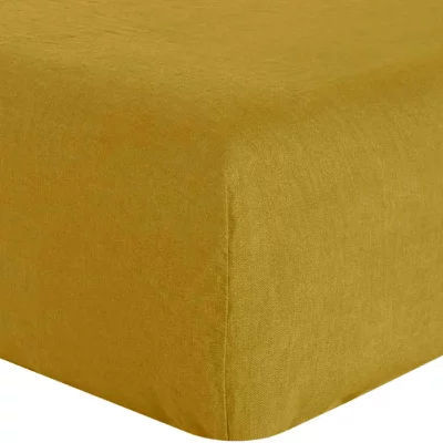 HOUSSE DE REVE Drap Housse 200x200 cm Lin lave Jaune hauteur bonnet 40